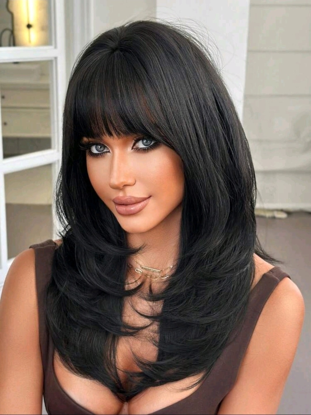 22" Black Wigs For Women Long Layered Straight Wig With Bangs